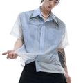 Men's loose fit blue and white gradient short sleeve shirt with quilted design