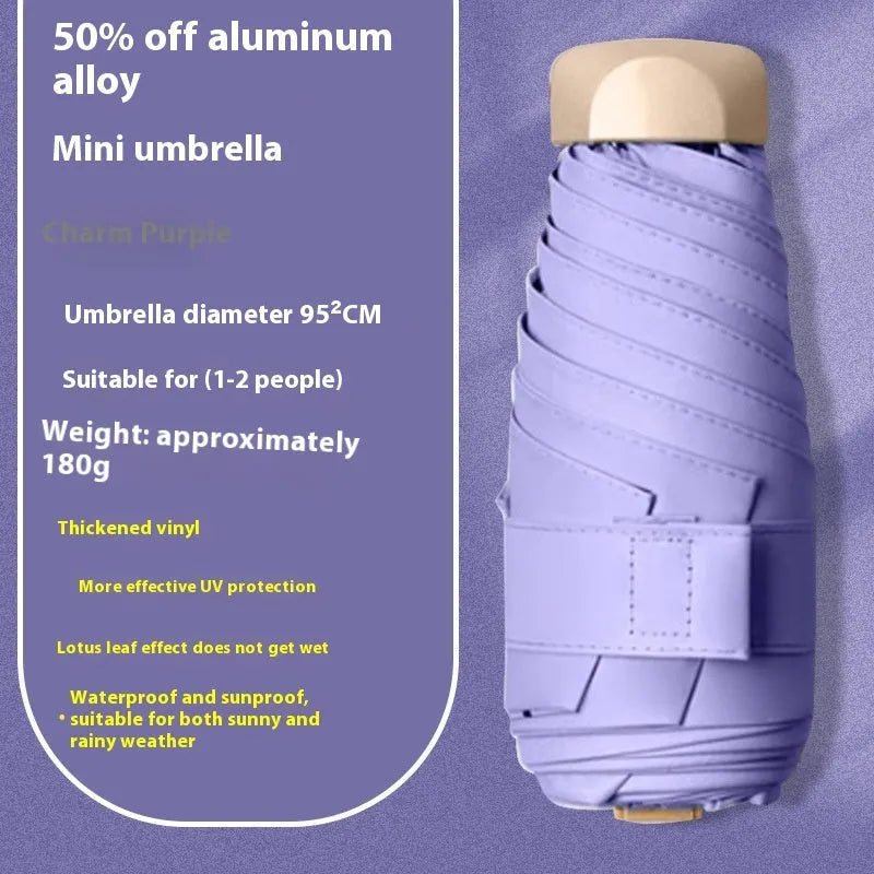 Five-fold compact umbrella with gradient vinyl canopy and manual open handle.