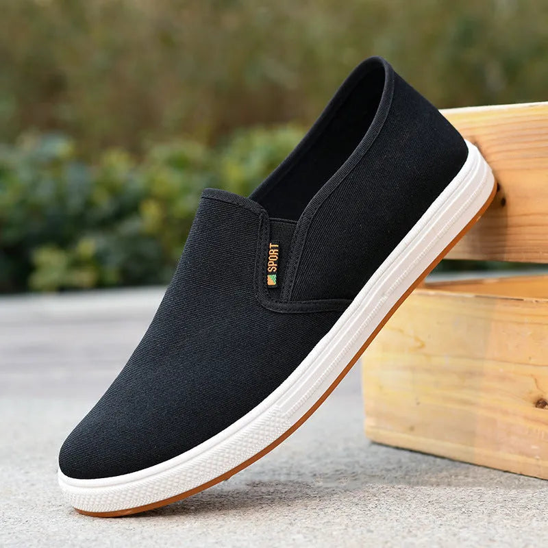 Men's low-top canvas slip-on shoes in black and blue colours showing round toe and composite sole