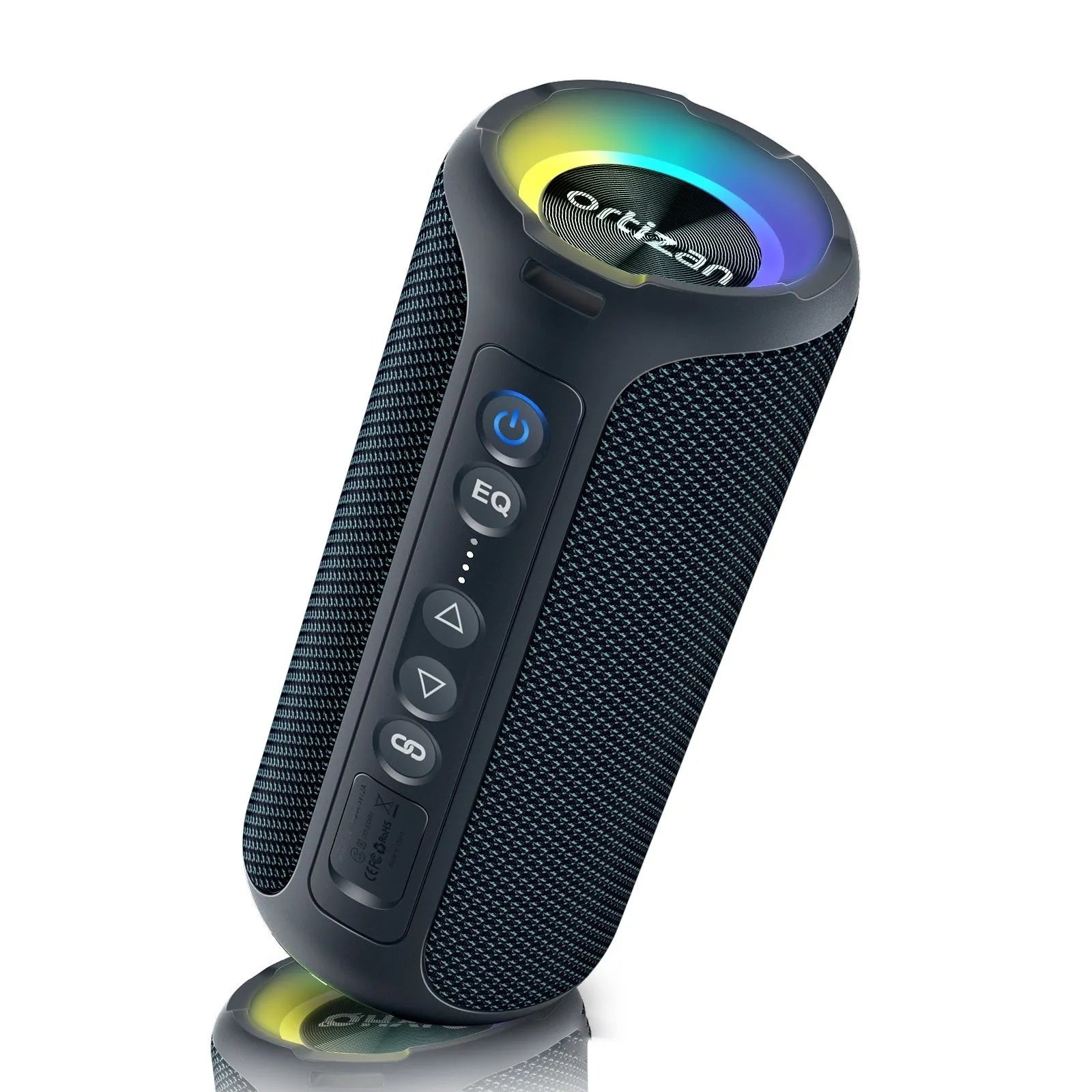 Black and blue fabric wireless Bluetooth speaker with LED lighting showing 40W power rating