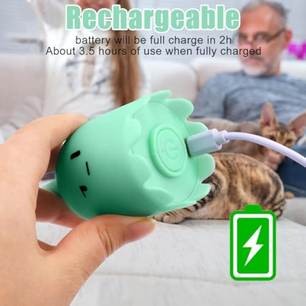 Green electronic cat wand toy with swinging silicone tails for automatic interactive pet play