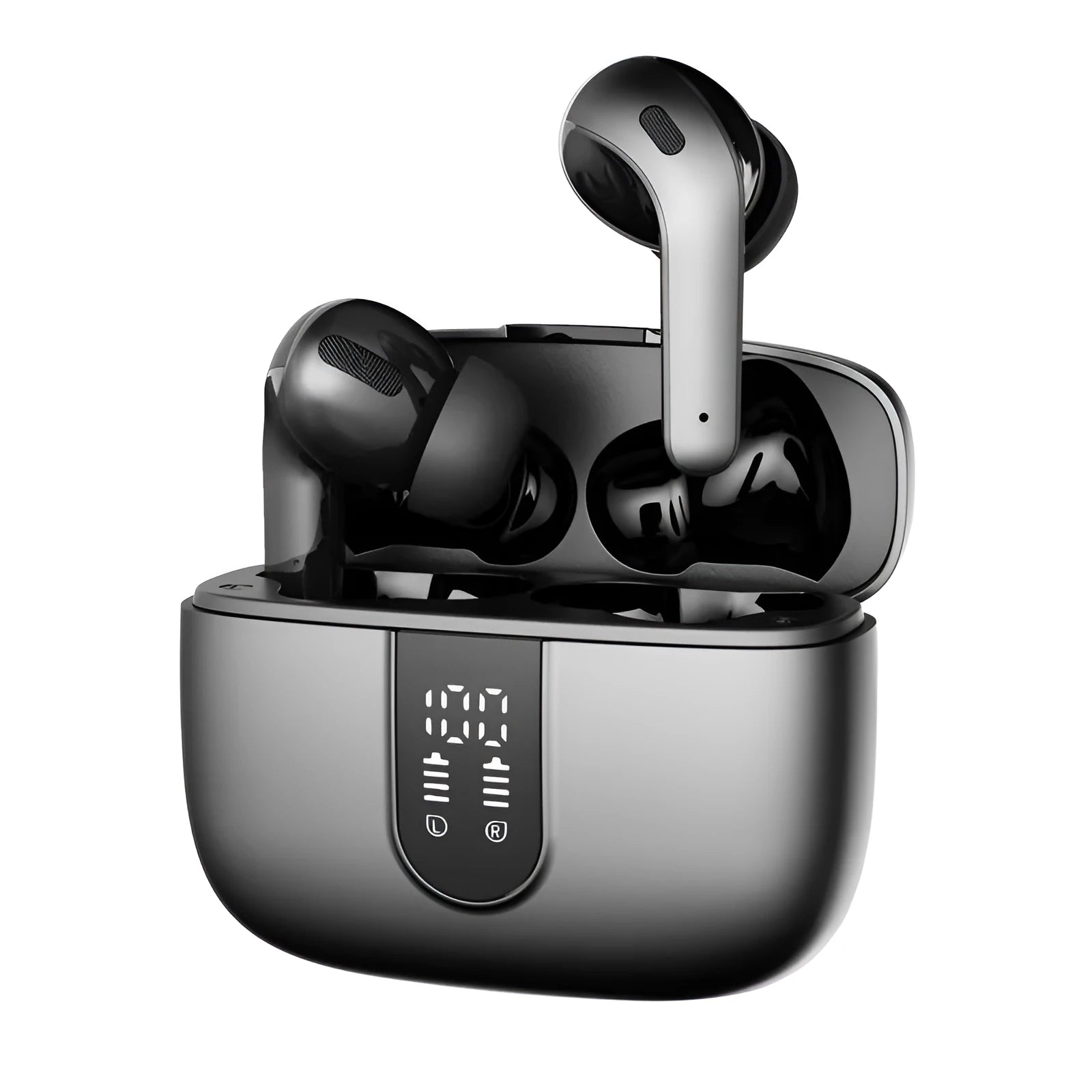 Jerry X08 black wireless Bluetooth headphones with charging case showing digital display subwoofer fourth generation technology