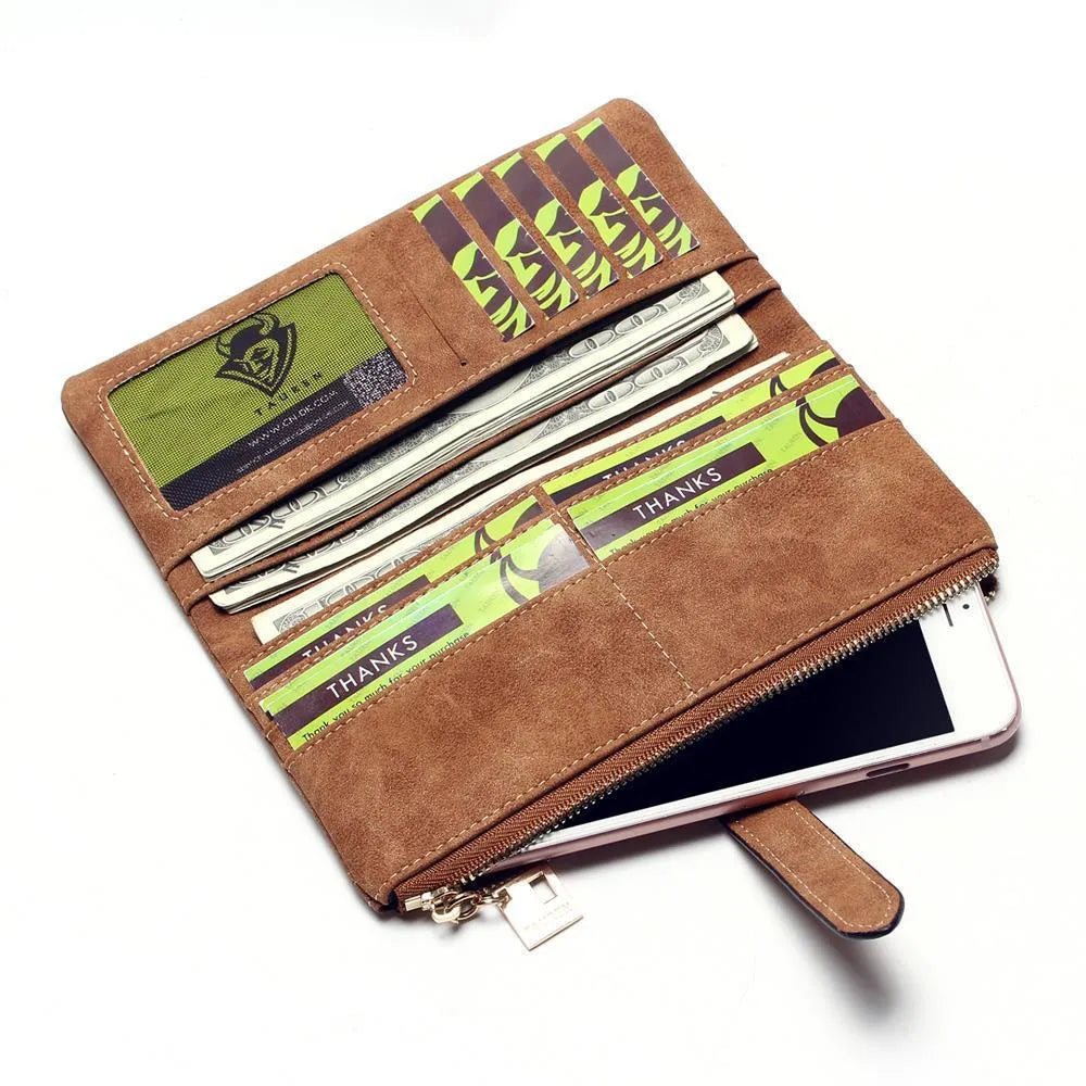 Korean retro matte leather women's long wallet showing two-fold draw closure and vertical orientation
