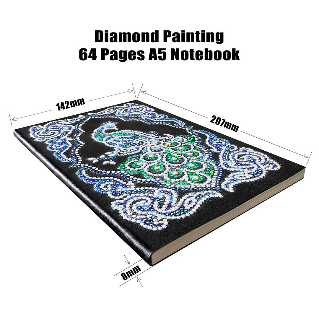 A5 black diamond painting notebook with peacock design using shaped and bright drill techniques