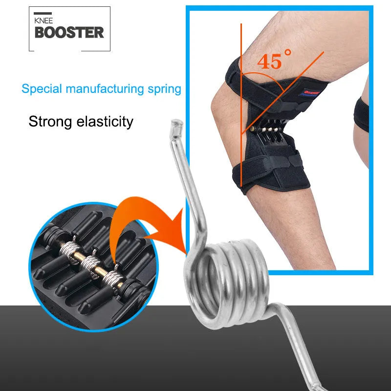Black spring knee brace with adjustable straps on a grey background
