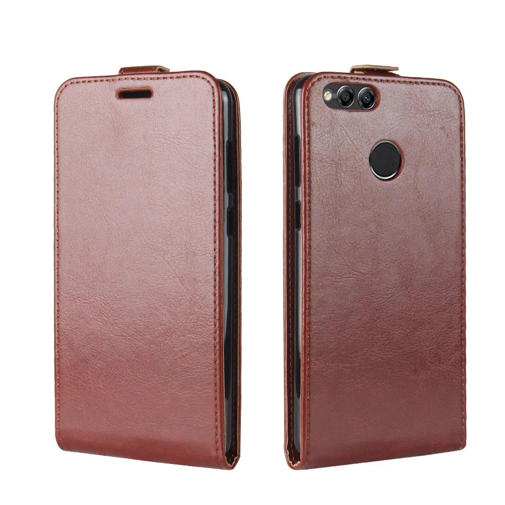 Huawei Honor 7X leather wallet phone case in crazy horse pattern showing card slots and TPU bumper.
