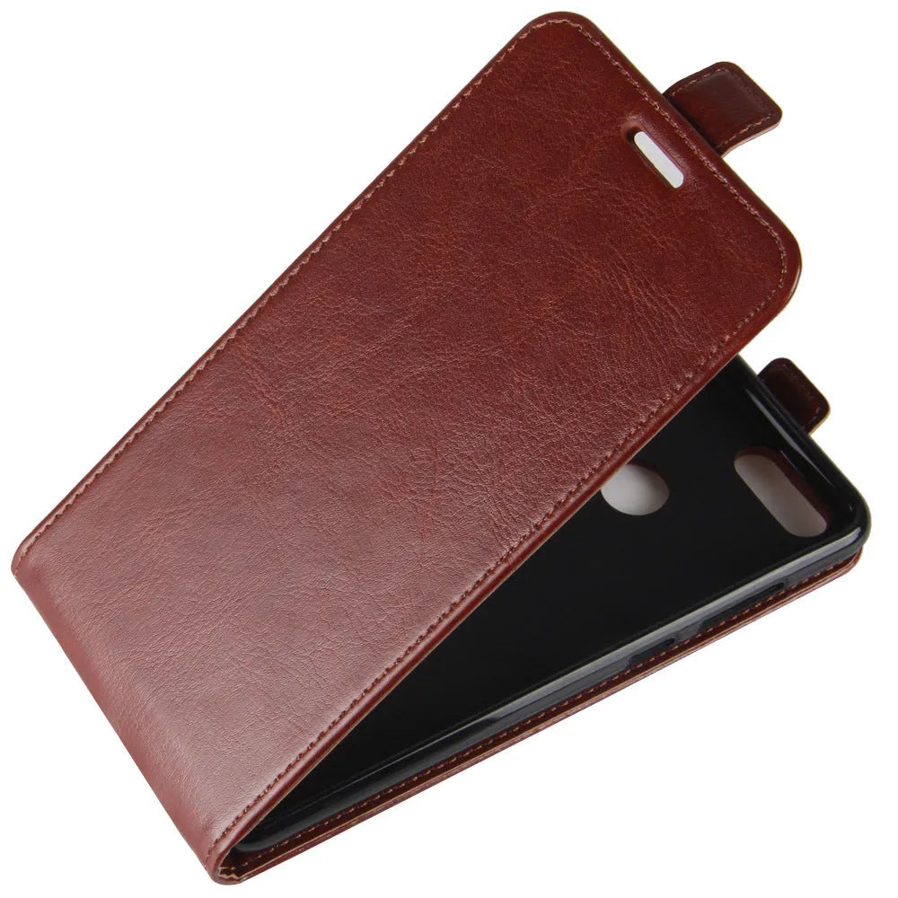 Huawei Honor 7X leather wallet phone case in crazy horse pattern showing card slots and TPU bumper.