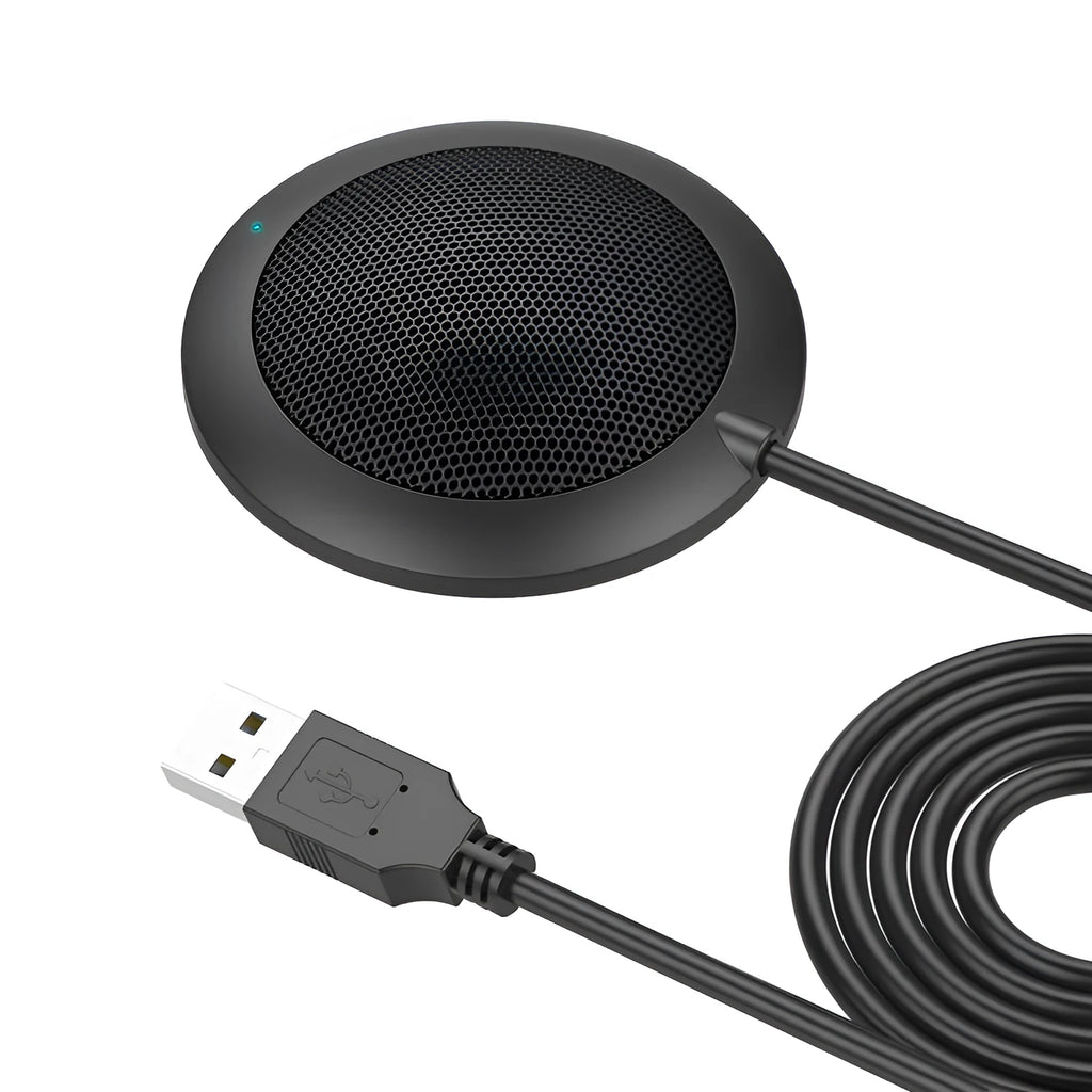 Black USB desktop microphone with metal mesh cover and 70mm diameter design for computer audio recording