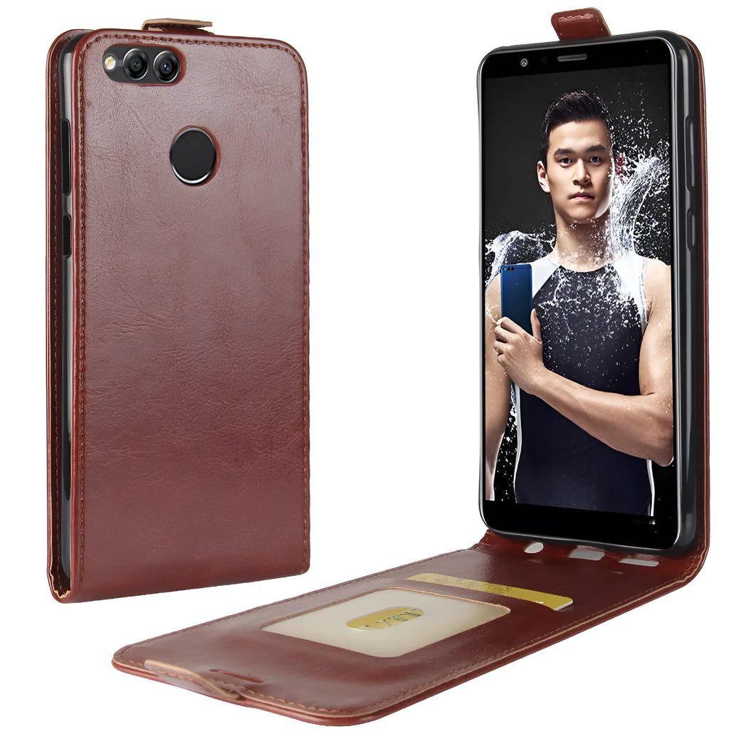 Huawei Honor 7X leather wallet phone case in crazy horse pattern showing card slots and TPU bumper.