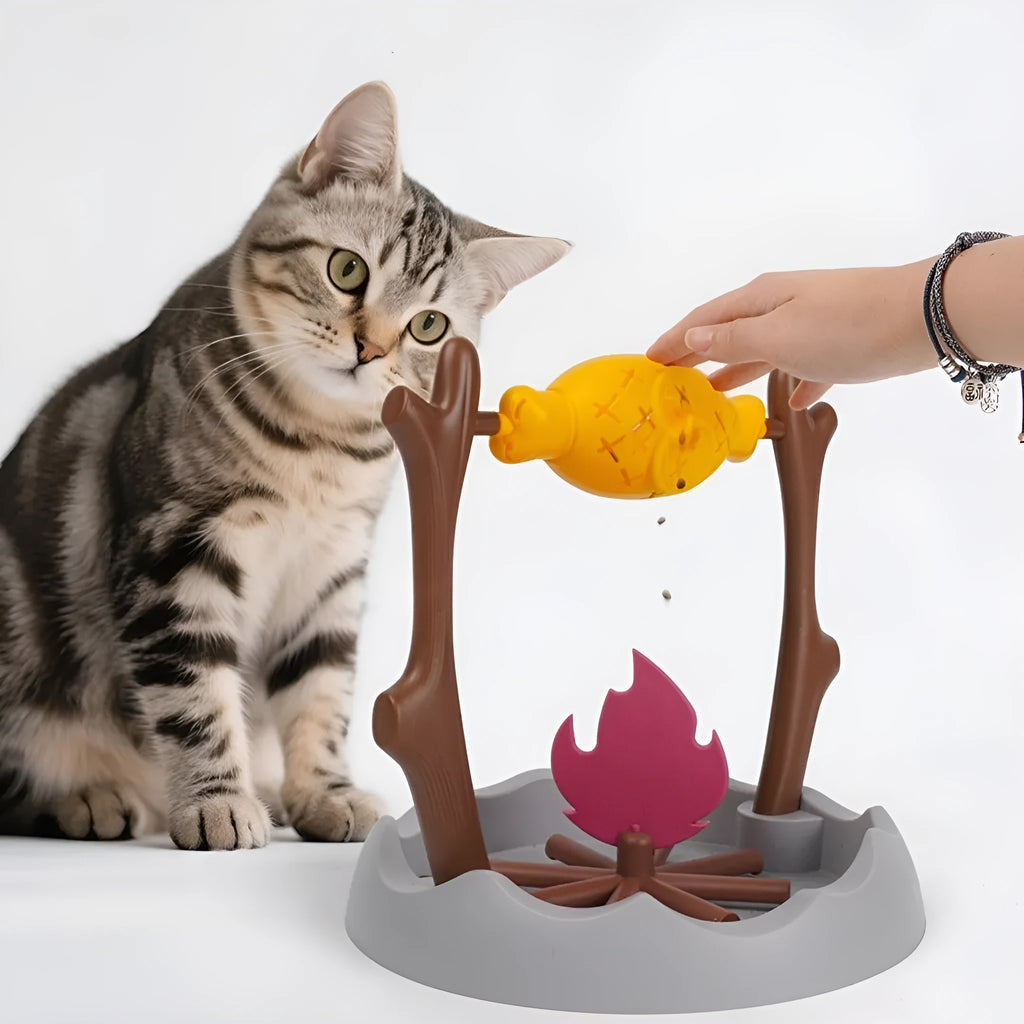 Barbecue design tumbling cat food feeder toy with leakage mechanism measuring 30cm