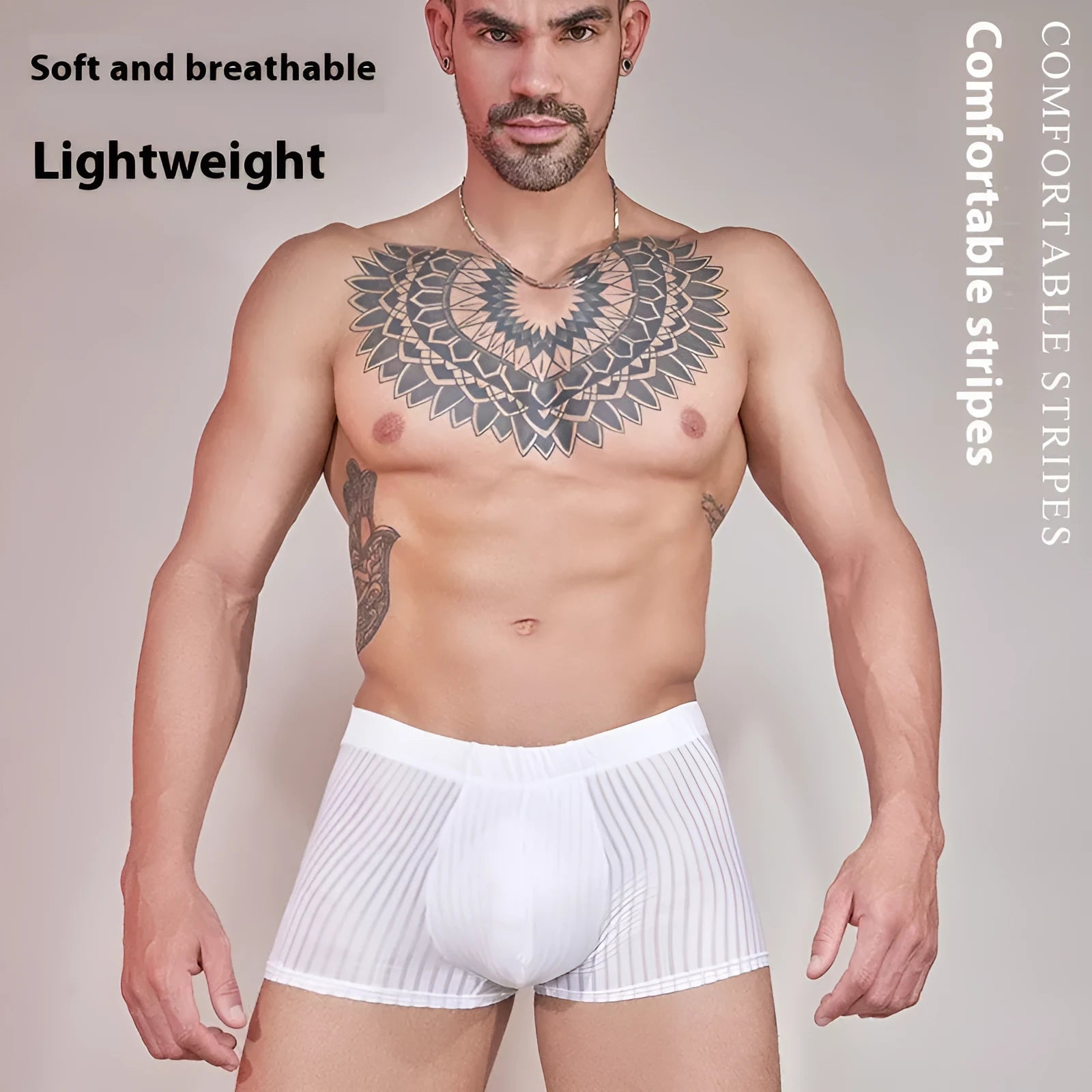 Men's striped underwear in black, white, and dark grey colours showing thin transparent nylon fabric