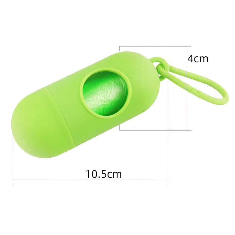 Compact dog poop bag holder with hook and Velcro strap attached to a leash handle, available in multiple colours