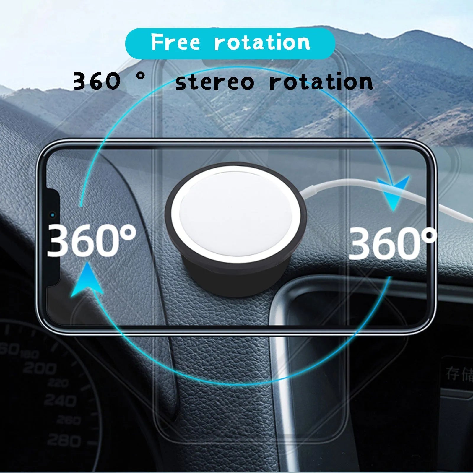 Black magnetic car phone holder showing air vent and base mounting bracket options