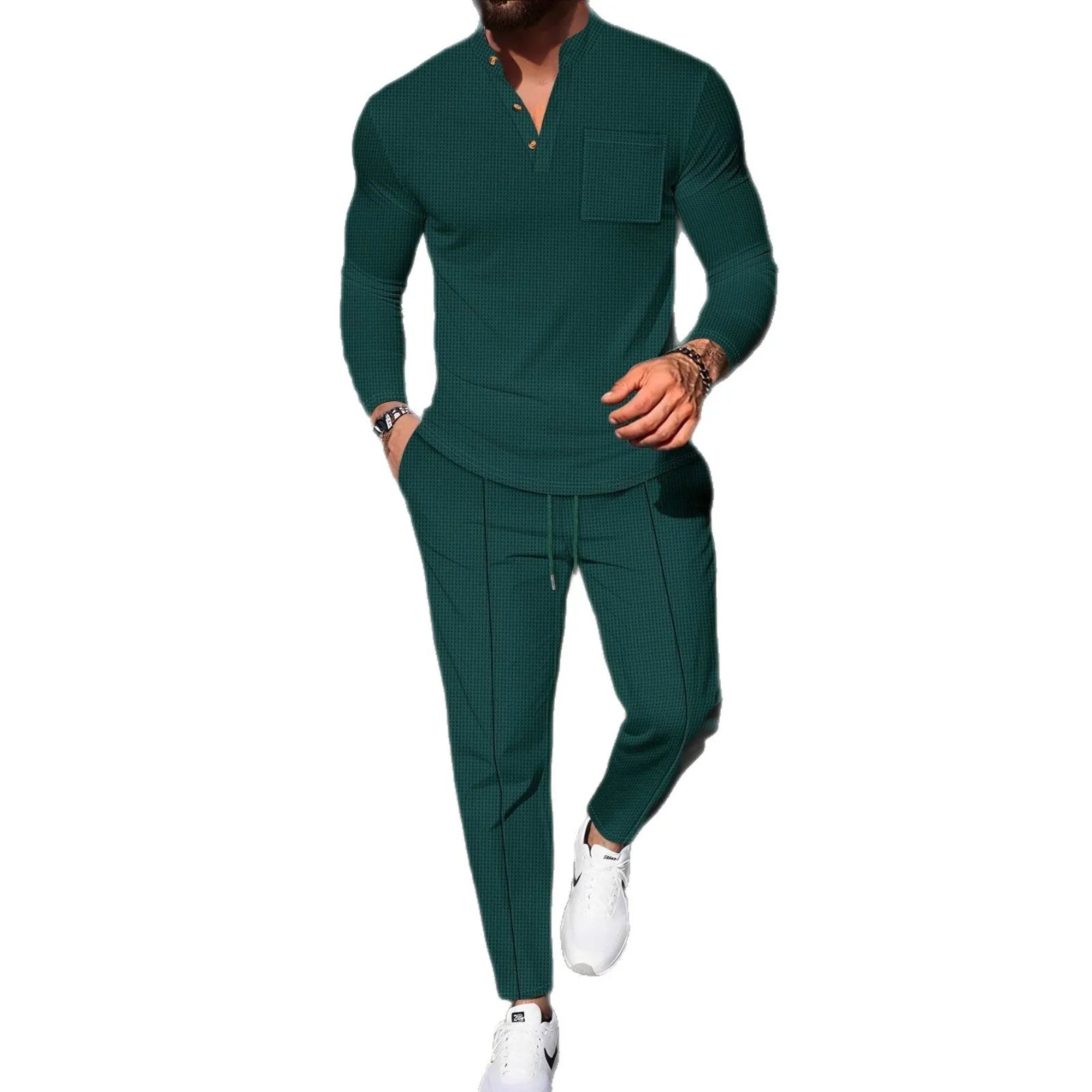 Men's waffle henley long sleeve t-shirt and matching long pants casual set in gray on a model