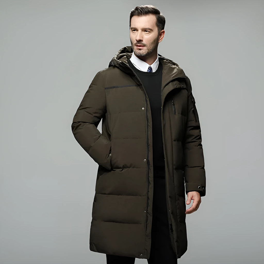 Long padded down jacket for men in black colour with white duck down filling polyester shell