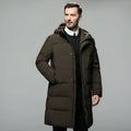 Long padded down jacket for men in black colour with white duck down filling polyester shell