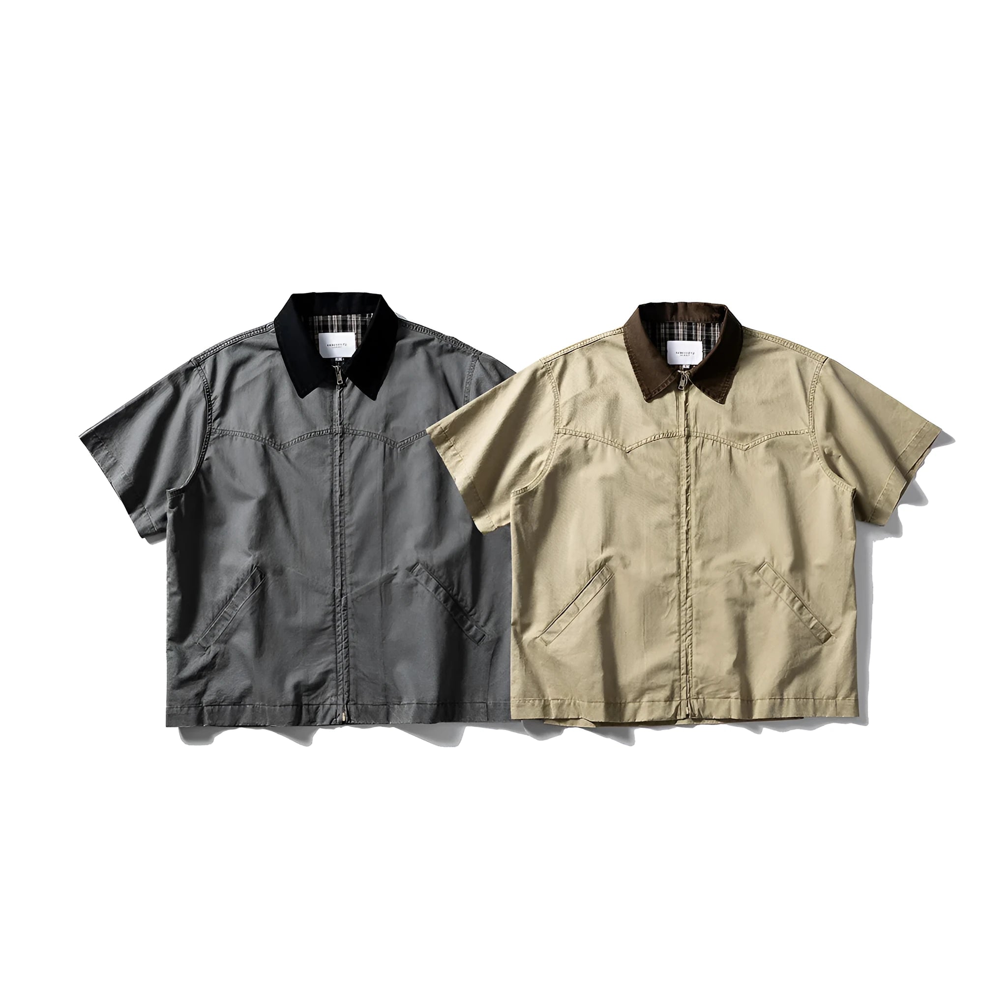 Grey short sleeve overalls shirt with loose fit and cotton fabric
