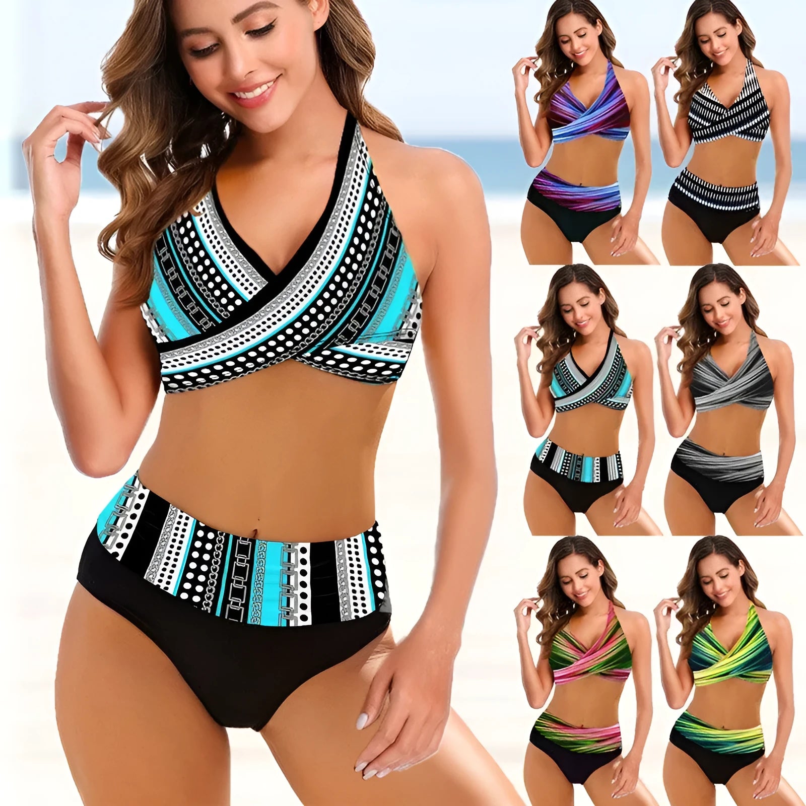 Ladies striped tie-dye hollow bikini set with high-waisted briefs on a mannequin.