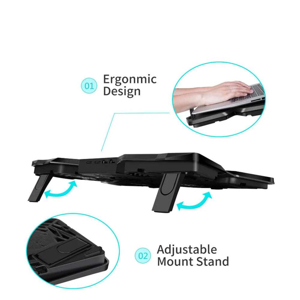 Blue laptop cooling pad with four illuminated fans and USB ports on adjustable base