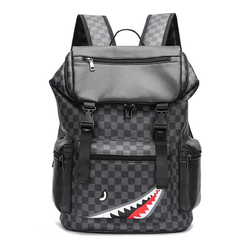 Korean casual checkered printed large capacity backpack in PU leather with curved shoulder strap