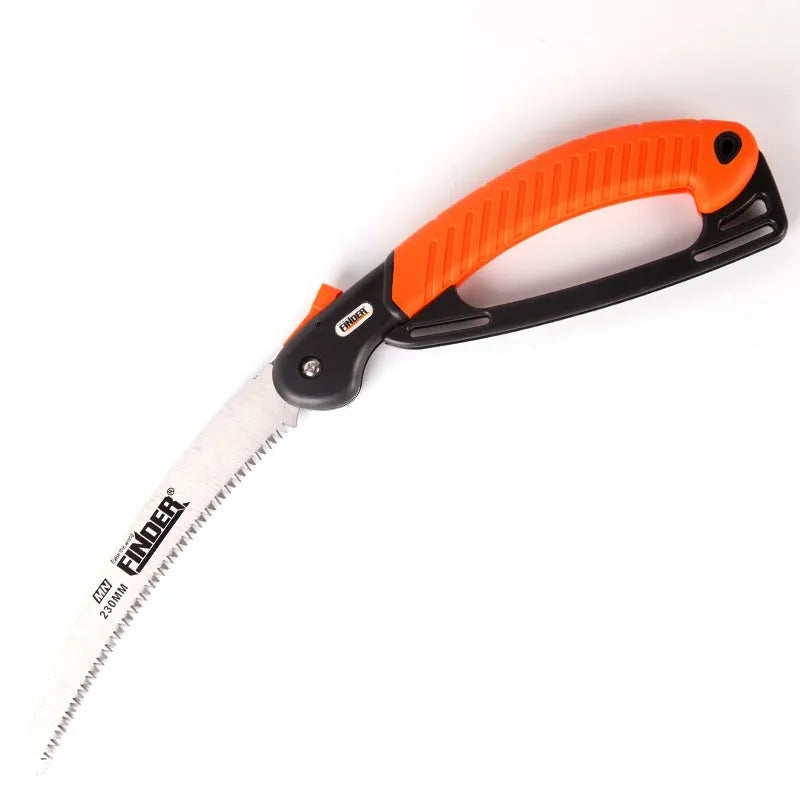 Folding garden saw with extended 230mm blade showing teeth detail and TPR grip handle
