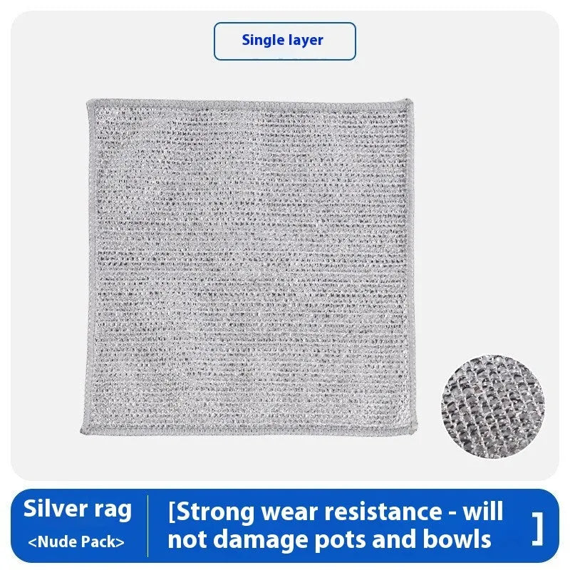 Silver double-sided kitchen scouring pad with a steel wool side and a grey microfiber rag side.