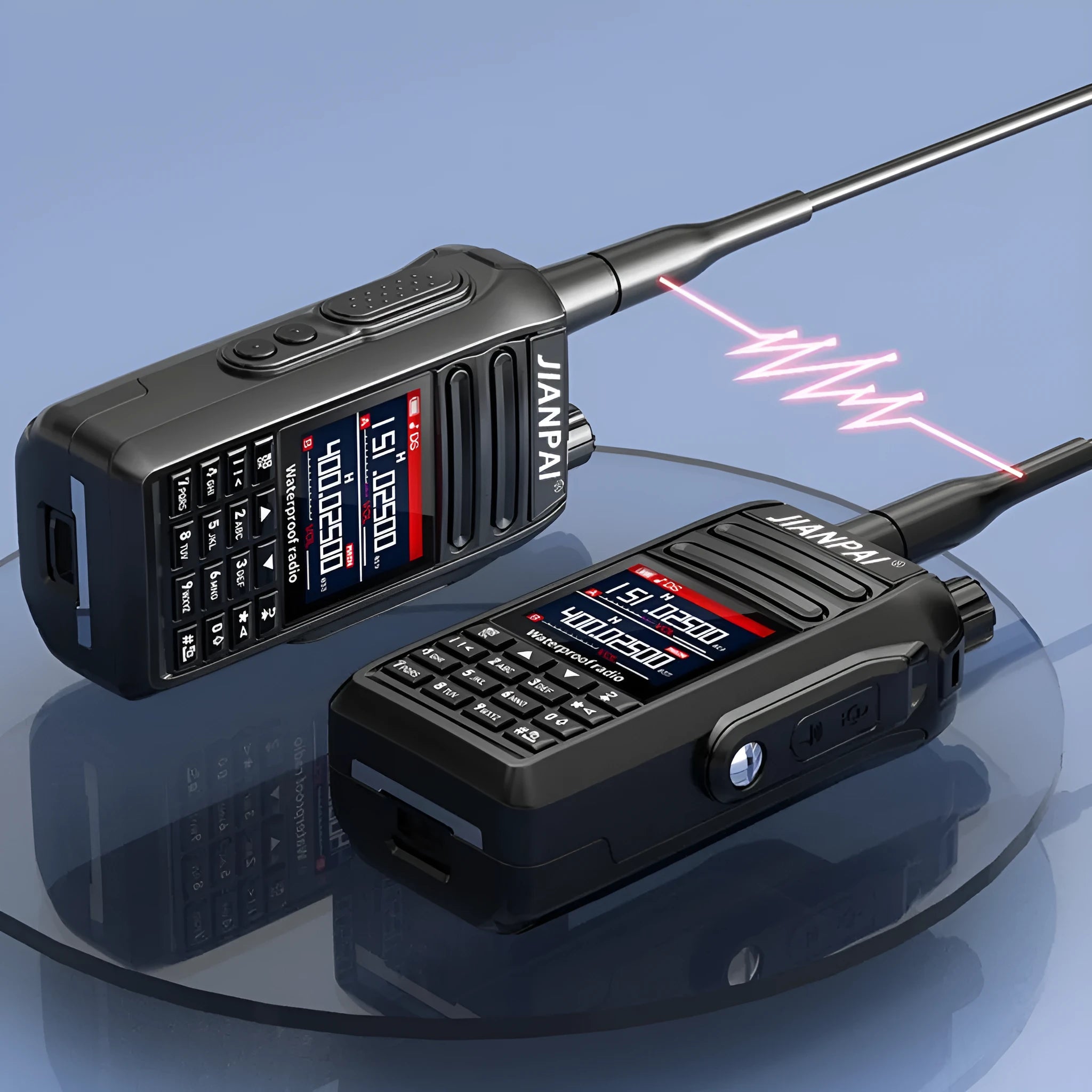 Black Interphone waterproof aviation full band motorcycle communication headset with antenna and accessories.