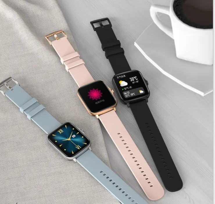 Black smart watch with 1.7-inch colour touch screen on adjustable strap, showing fitness tracking interface.