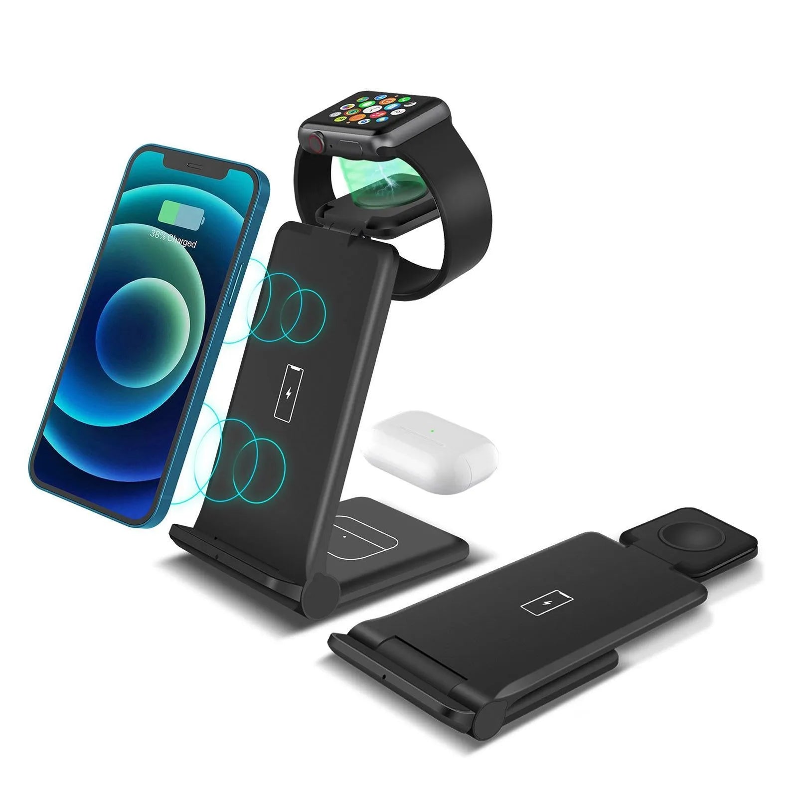 3 in 1 wireless charging station showing iPhone, AirPods and Apple Watch charging simultaneously