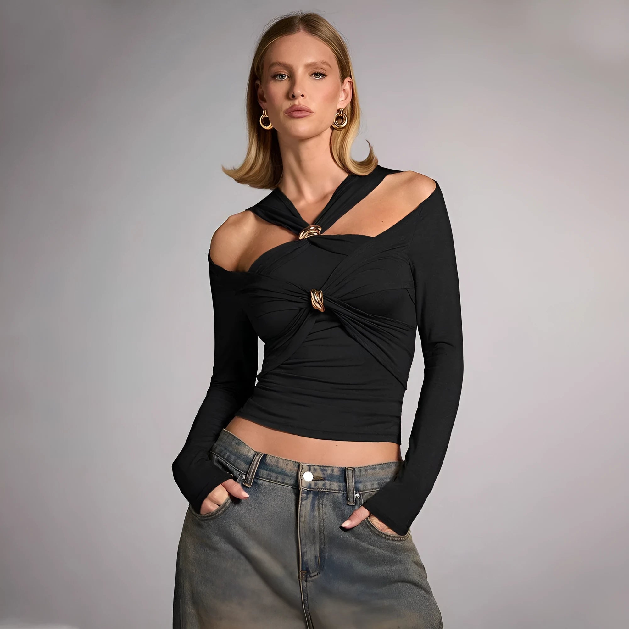 Black women's halter top with long sleeves and slim fit fashion styling