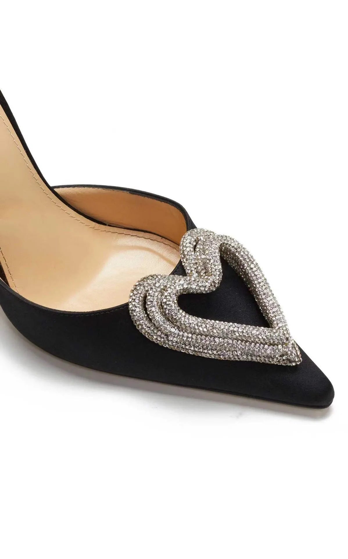 Women's black satin sandals with a heart-shaped rhinestone and pointed toe, showing the adjustable cross-strap fastening.