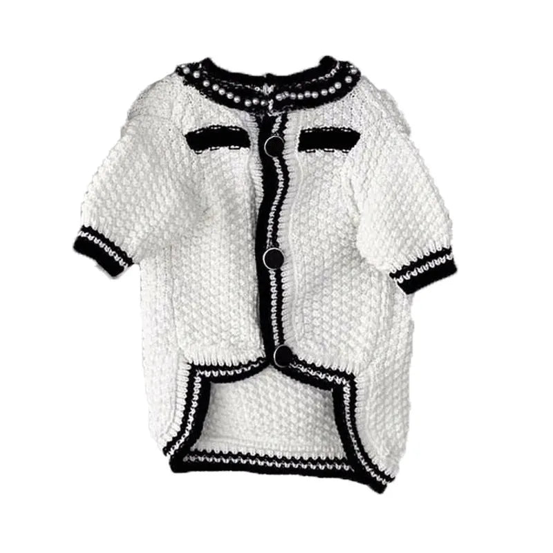 Korean-style dog sweater with pearl collar in black and white colours showing princess cut
