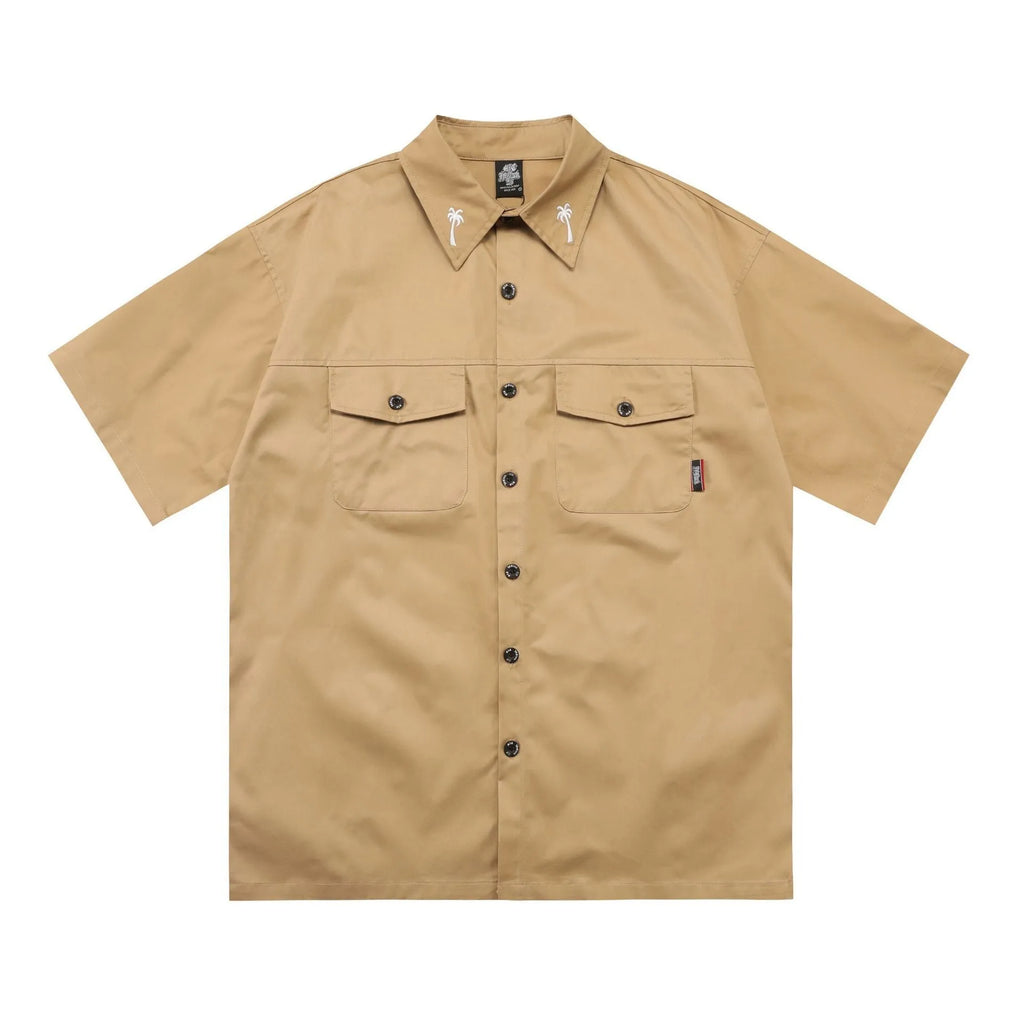 Black cotton blend half sleeve work shirt with embroidery in plus size loose fit