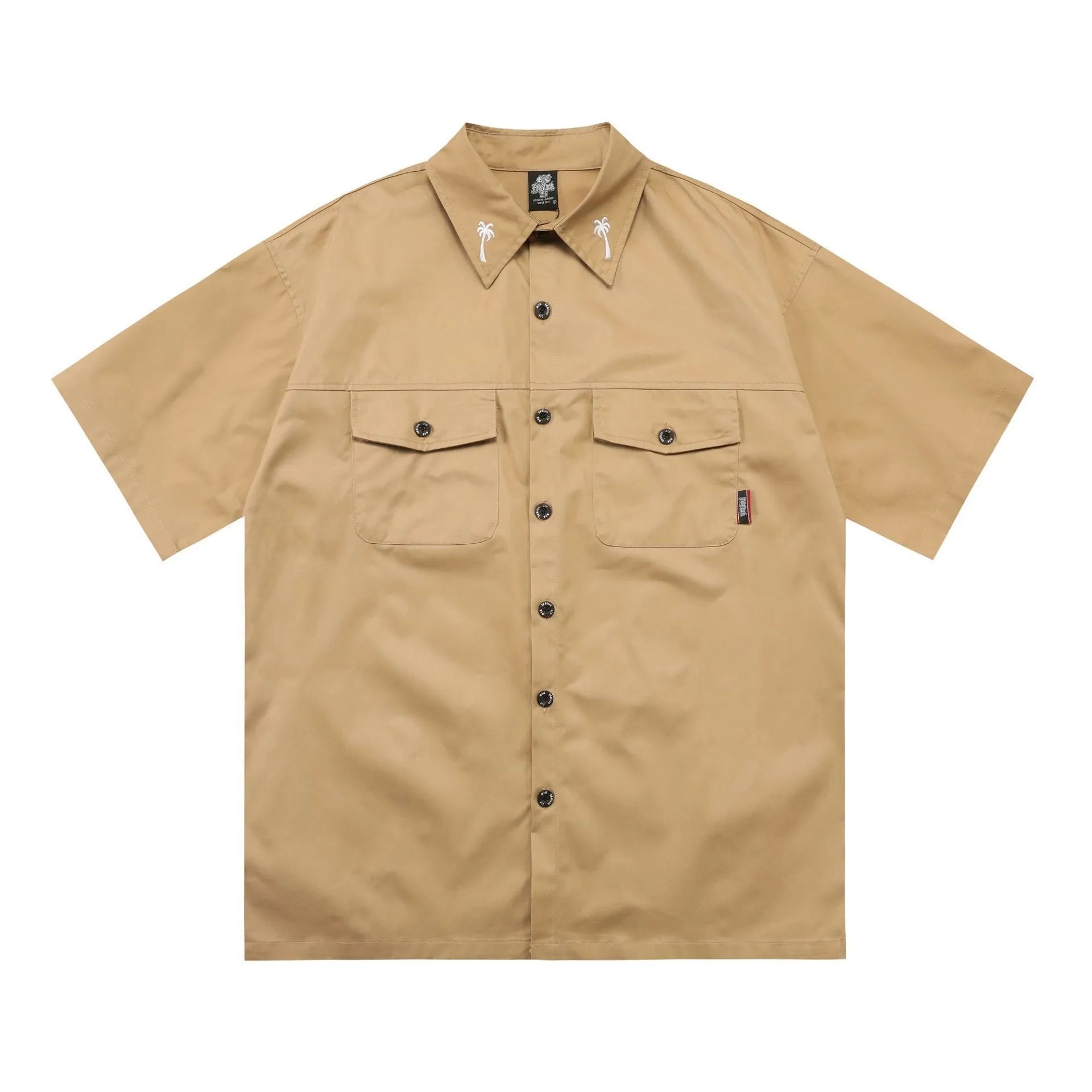 Black cotton blend half sleeve work shirt with embroidery in plus size loose fit