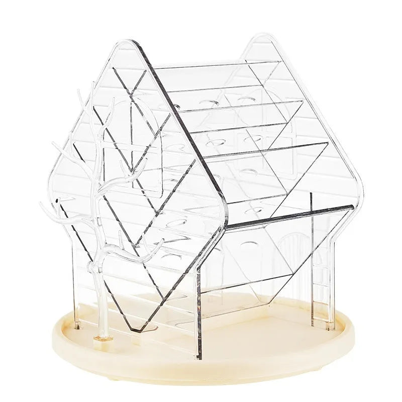 Rotating cosmetics storage box in clear plastic with 360° rotation mechanism on a bathroom counter