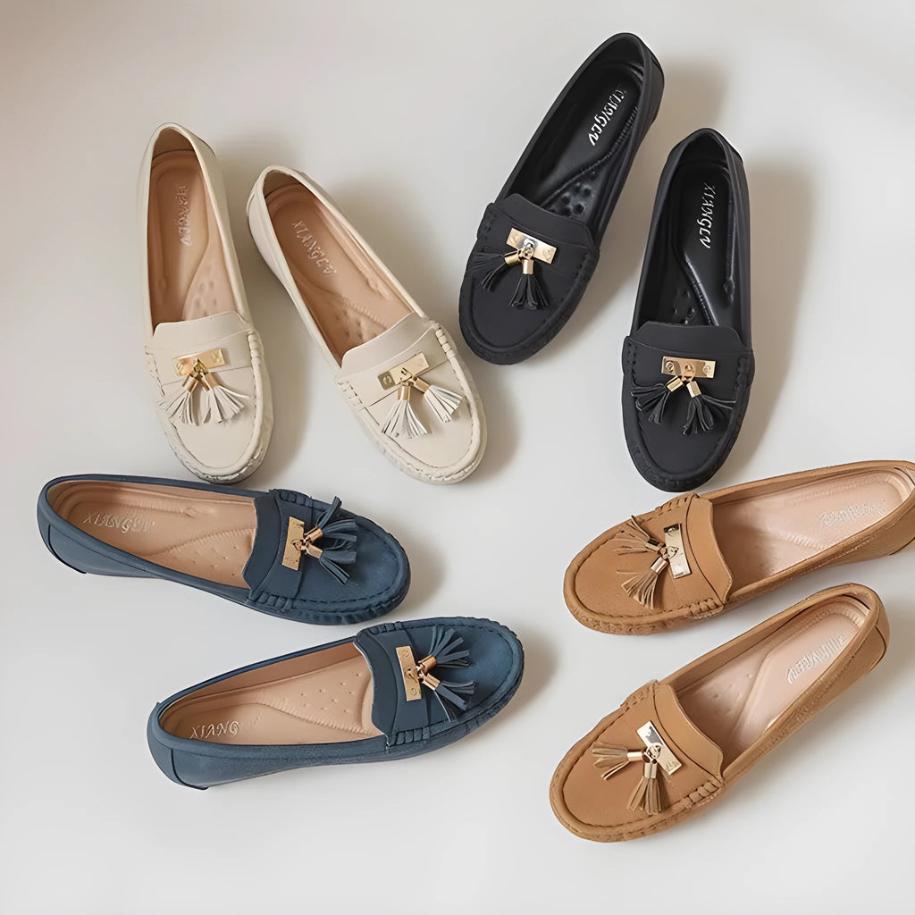 Beige height-increasing mid heel work shoe with round toe, shown as an oversleeve design.
