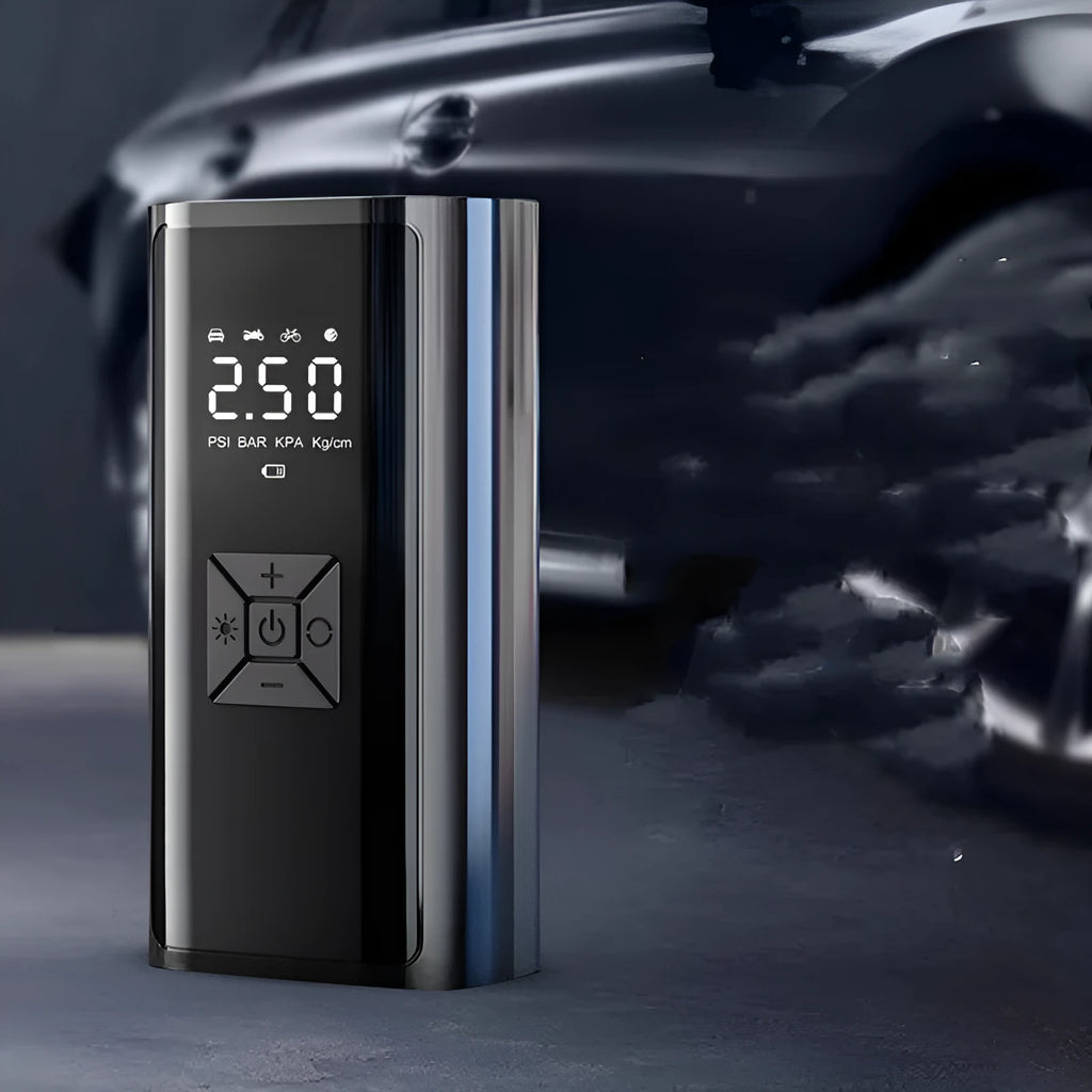 Portable wireless digital display car tyre pump with LED lighting and USB charging port