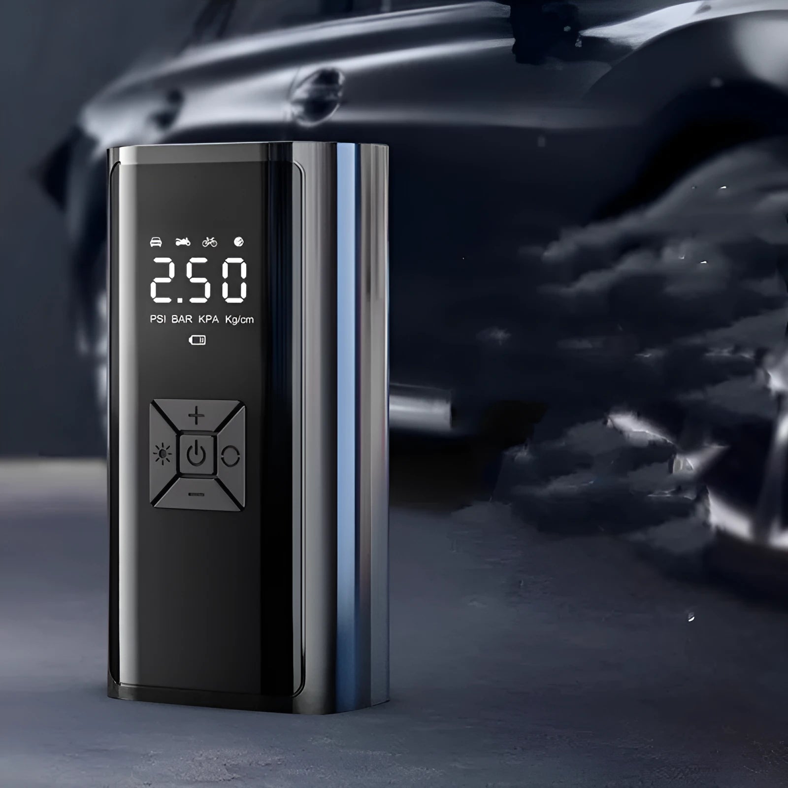 Portable wireless digital display car tyre pump with LED lighting and USB charging port
