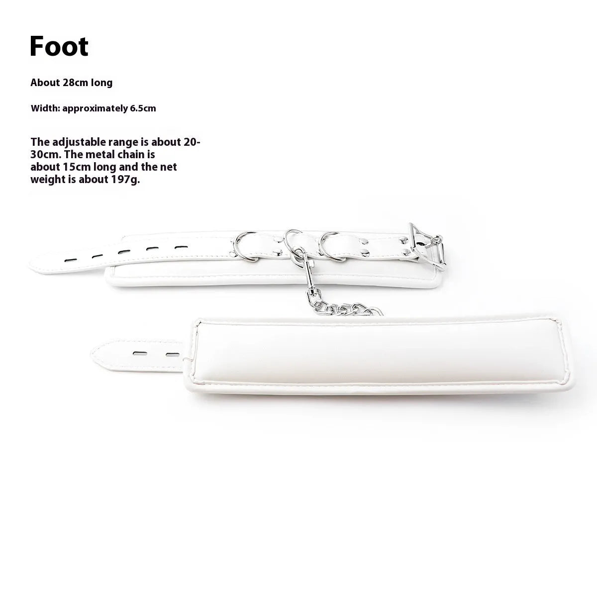 White PU sponge bondage restraint set showing handcuffs, footcuffs, and a neck collar.