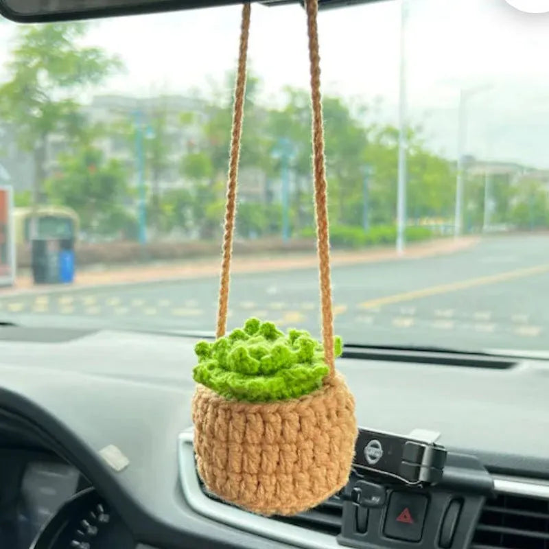 Green and white knitted wool car plant decoration hanging from a rope.