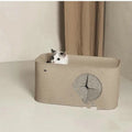 Khaki foldable felt cat nest bed showing its size next to a grey version.