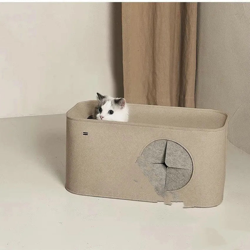 Khaki foldable felt cat nest bed showing its size next to a grey version.