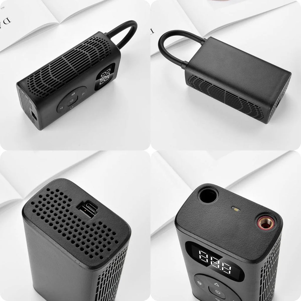 Black aviation aluminium portable power bank tyre inflator with digital display and hose for cars and bikes.