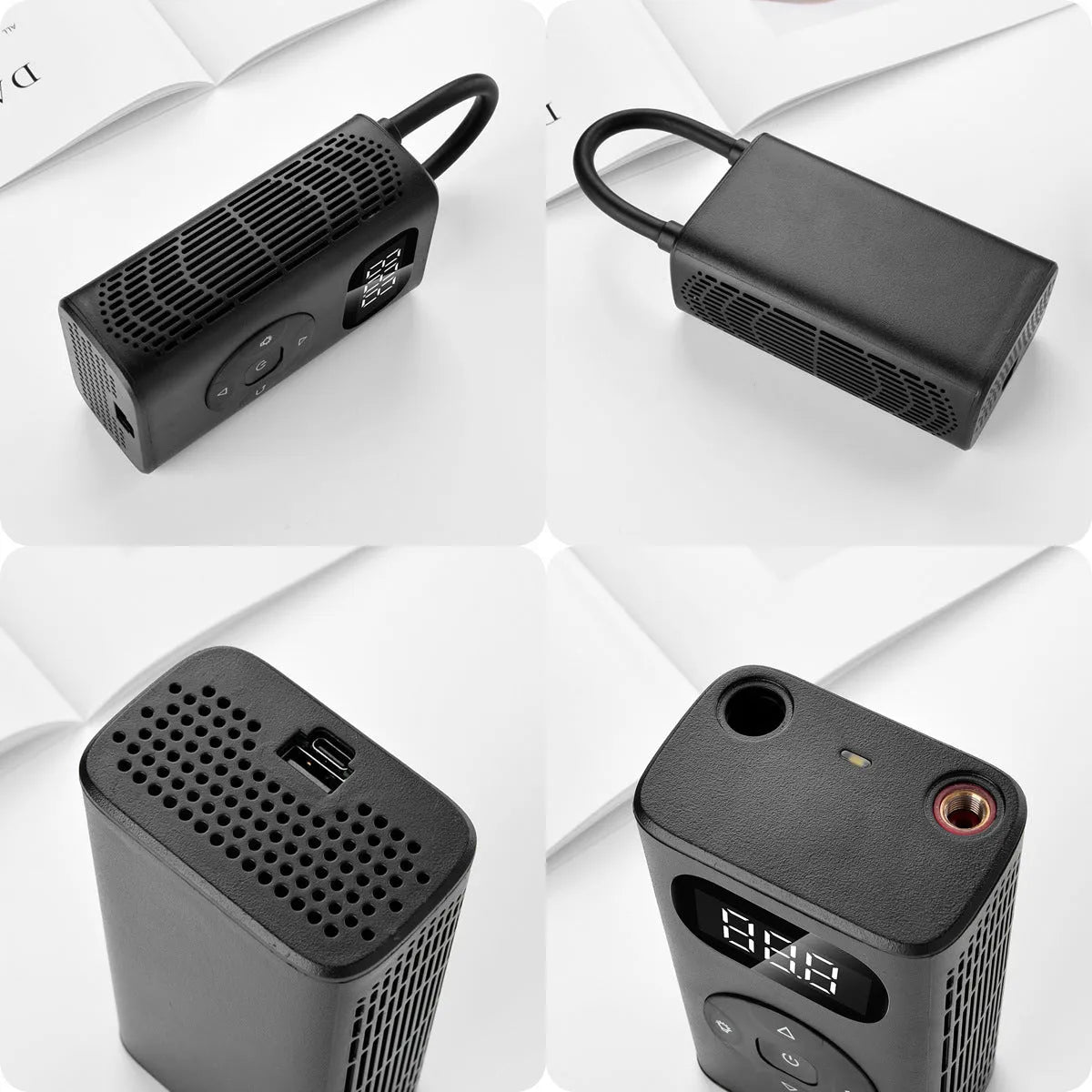 Black aviation aluminium portable power bank tyre inflator with digital display and hose for cars and bikes.