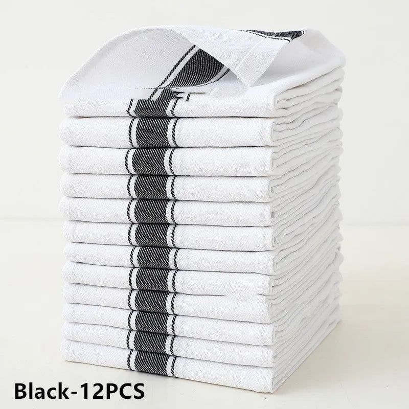 Set of twelve striped polyester cotton blend dish towels showing colour options: black, blue, brown, yellow, and multi-colour.