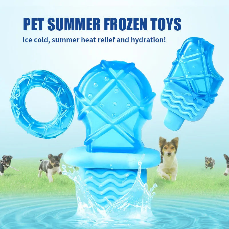 Dog cooling popsicle toy set with water-filled ice sticks including pacifier, popsicle and ring designs