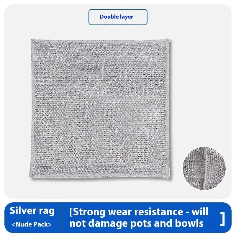 Silver double-sided kitchen scouring pad with a steel wool side and a grey microfiber rag side.