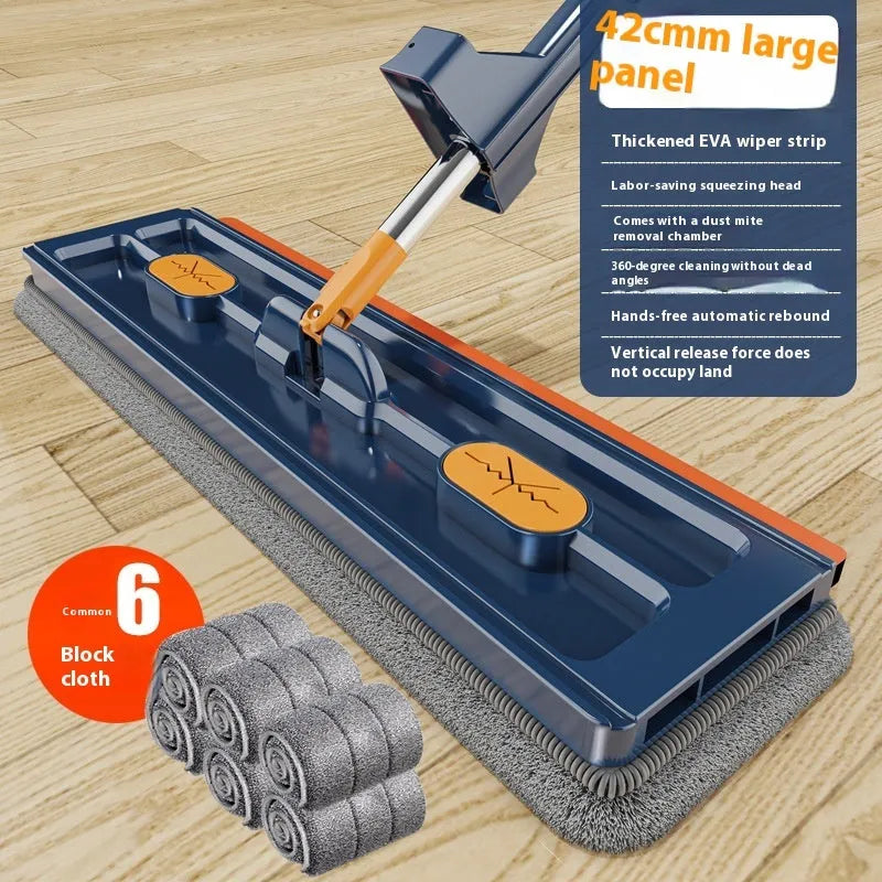 Large flat mop with stainless steel handle and blue cloth on hard floor