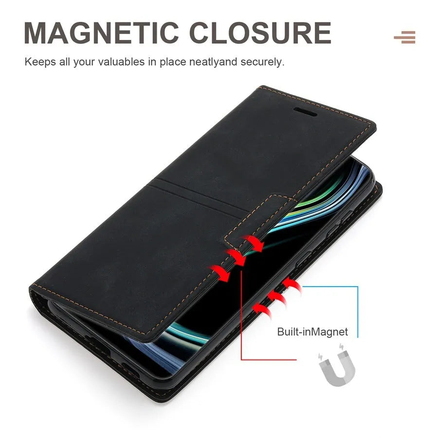 Samsung flip leather phone case in black with magnetic closure and built-in kickstand bracket