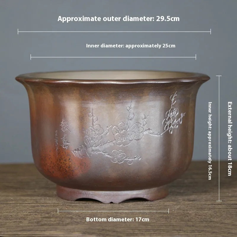 Antique carved purple sand ceramic bonsai pot with wood-burned finish in large size.